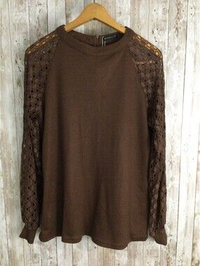 MIHOLL Women’s Size M Brown Long Lace Sleeve Casual Loose Blouse High Neck NEW